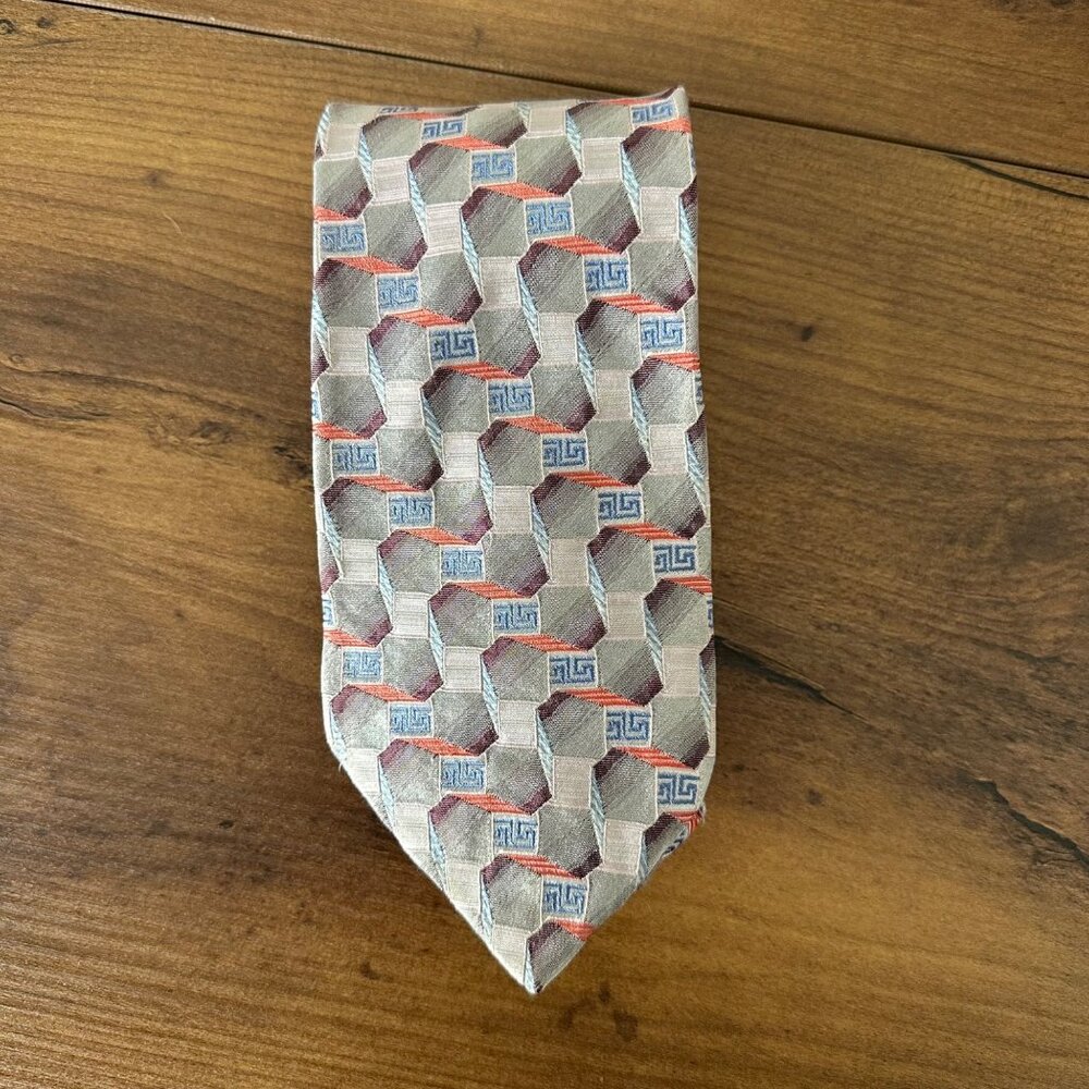 Versace Honeycomb Print Silk Neck Tie Pink Grey Sz L